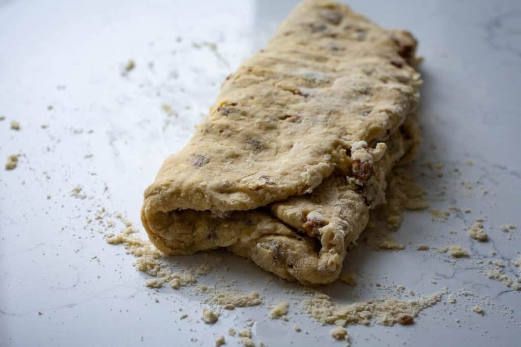 Laminating Sourdough Discard Scone dough.
