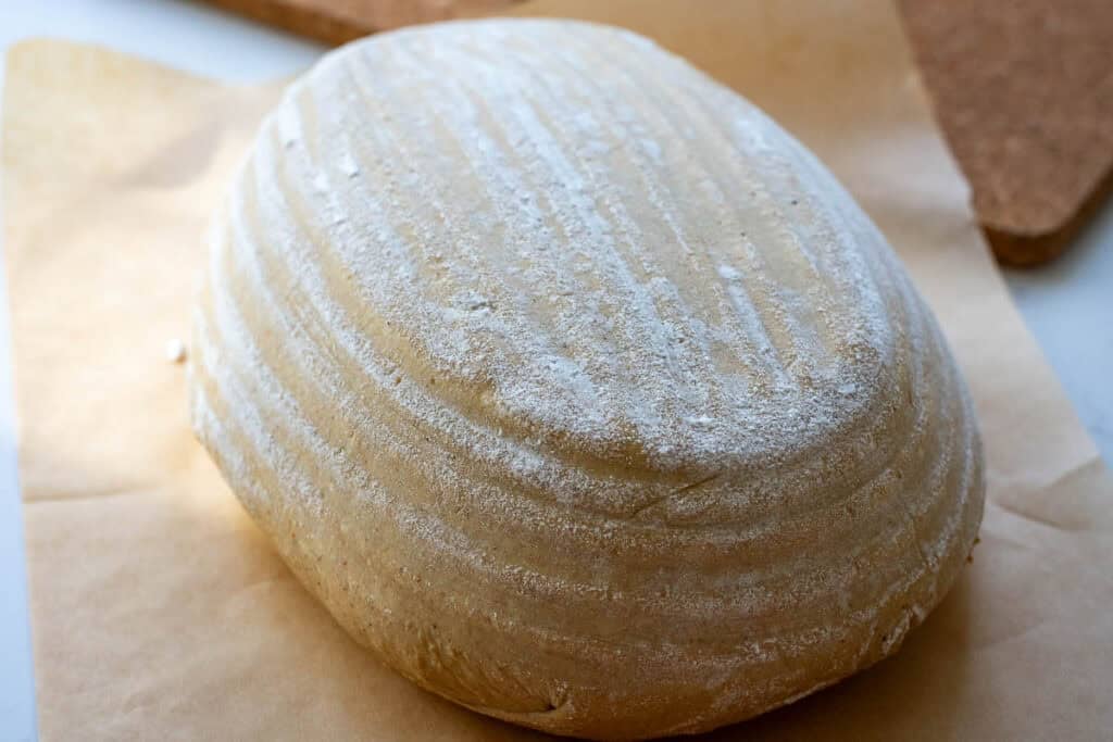 Pumpkin Spice latte Sourdough inverted onto a piece of parchment paper.