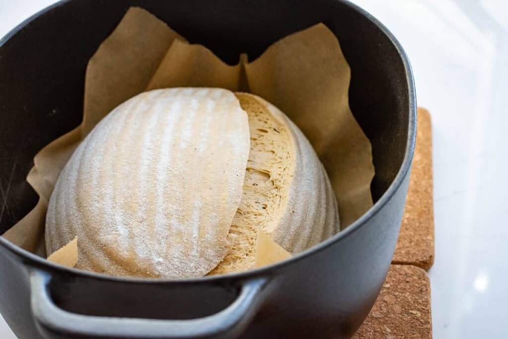 Sourdough in a Dutch oven ready to bake.