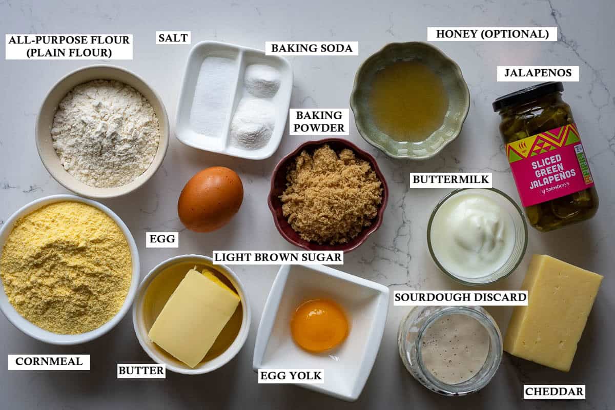 Labelled ingredients for sourdough discard cornbread with jalapeno and cheddar.
