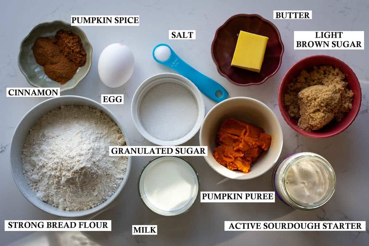 Labelled ingredients for cinnamon and pumpkin spice swirled sourdough pumpkin babka.