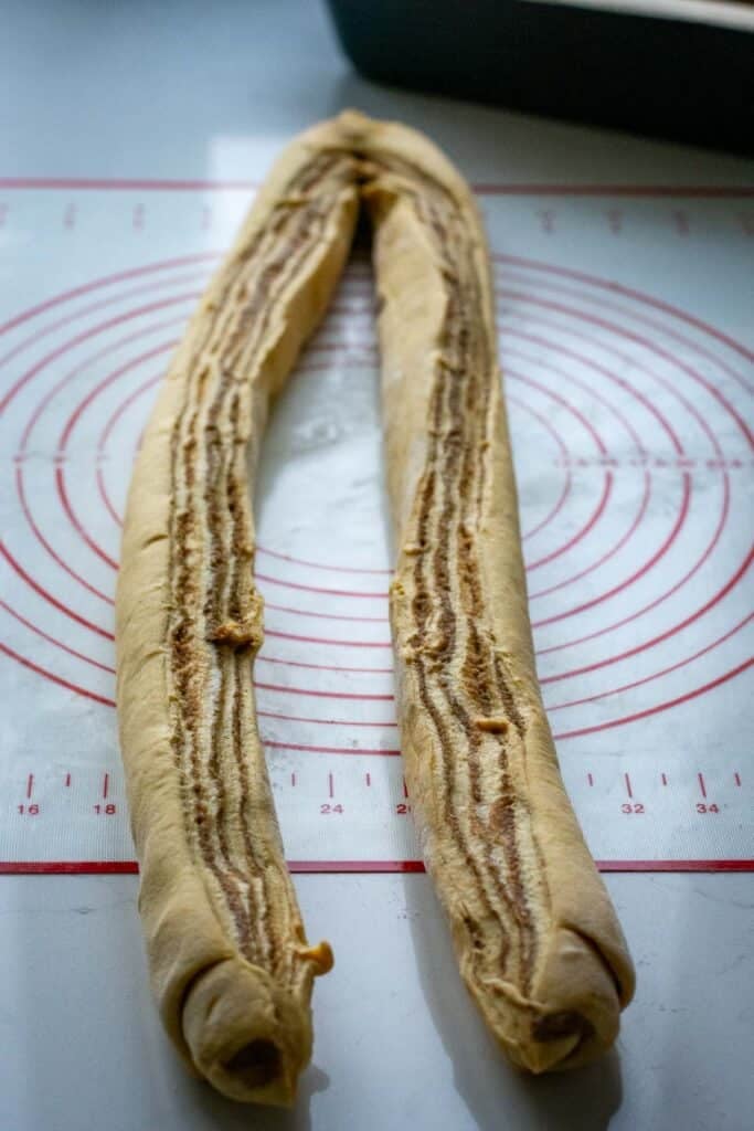 Two "legs" of sourdough babka brefore they're twisted together.