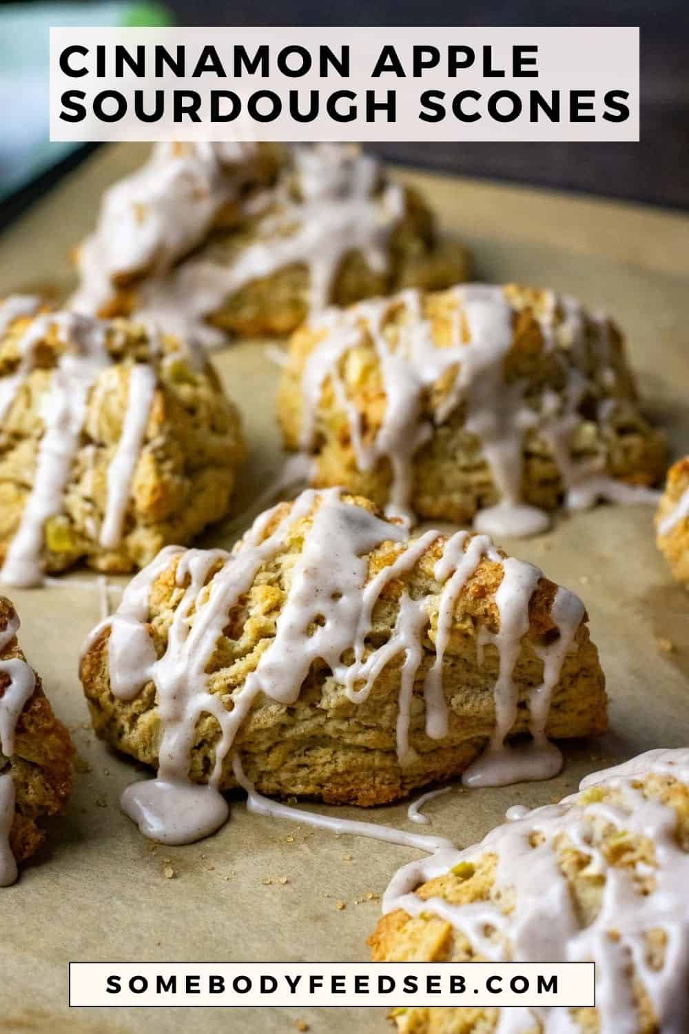 Cinnamon sugar glazed apple sourdough scones on a baking sheet lined with parchment paper. Pin for Pinterest.