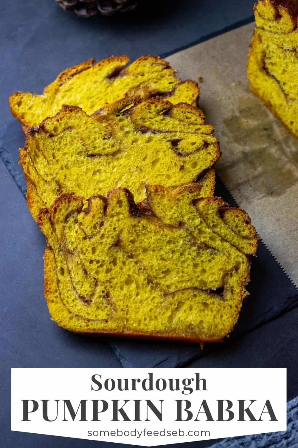 Three slices of swirled sourdough pumpkin babka. Pin for Pinterest.